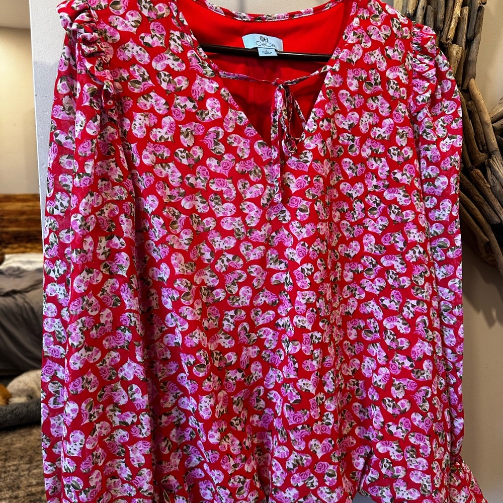CeCe Red Floral Blouse with Pink Accents - Picture 3 of 6